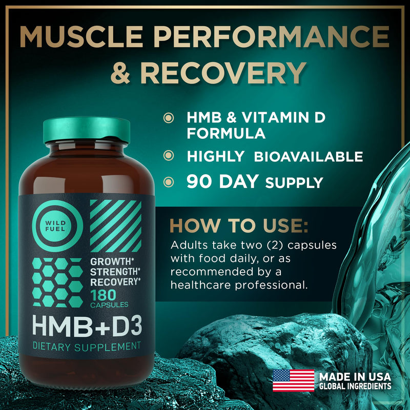 WILD FUEL 3,000mg HMB Supplement Plus Vitamin D3 - Muscle Growth, Strength, Fast Workout Recovery HMB Supplements for Men and Women - Calcium Beta-Hydroxy Beta-Methylbutyrate - 180 Capsules 180 Count (Pack of 1)