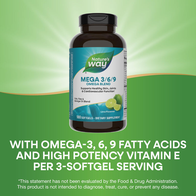 Nature's Way Mega 3/6/9 Omega Blend, Lime Flavor, 180 Softgels | Fish, Flax and Borage Oil Blend with Omega 3, 6 and 9 Fatty Acids to Support Healthy Skin, Joints & Cardiovascular Function* 180 Count (Pack of 1)