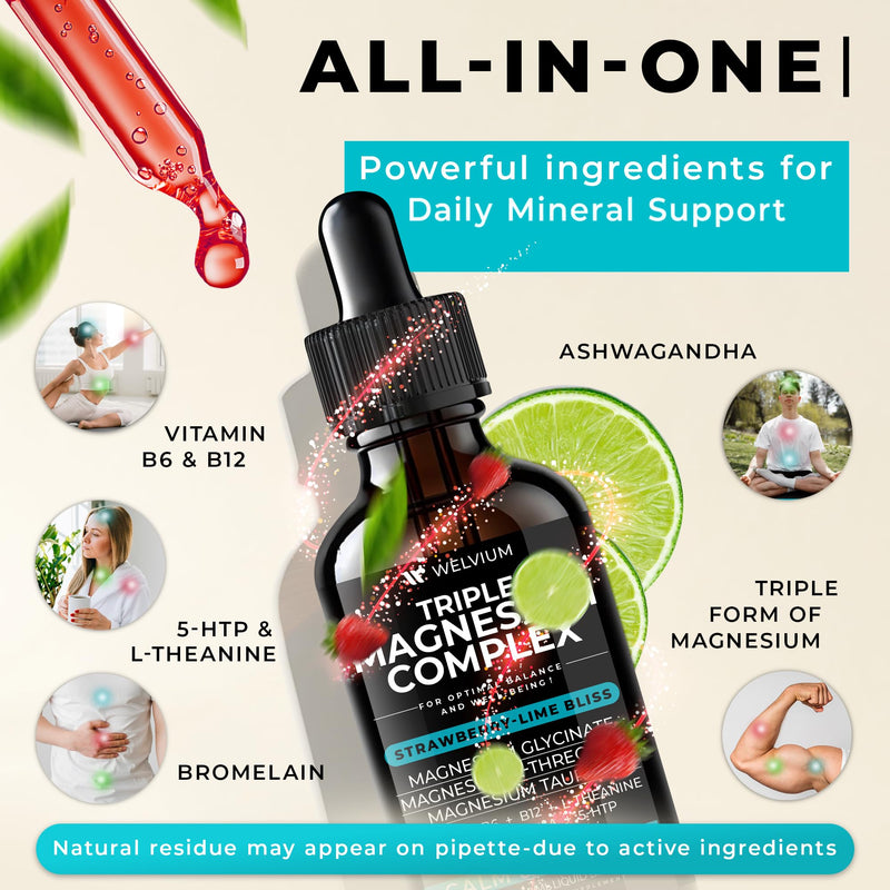 Triple Magnesium Complex Liquid Drops with Ashwagandha, L-Theanine, 5-HTP | Magnesium Glycinate Supplement, L-Threonate & Taurate, Ashwagandha, L-Theanine, 5-HTP, Vitamins B6, B12, Bromelain & Inositol