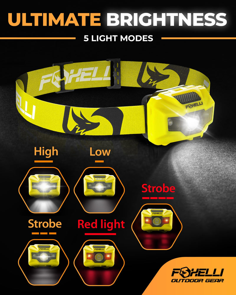 Foxelli Rechargeable LED Headlamp Bundle of 2 - Yellow & Forest: Ultralight Waterproof Head Lamp with Red Light for Running, Camping, Hiking & Outdoor - BeesActive Australia
