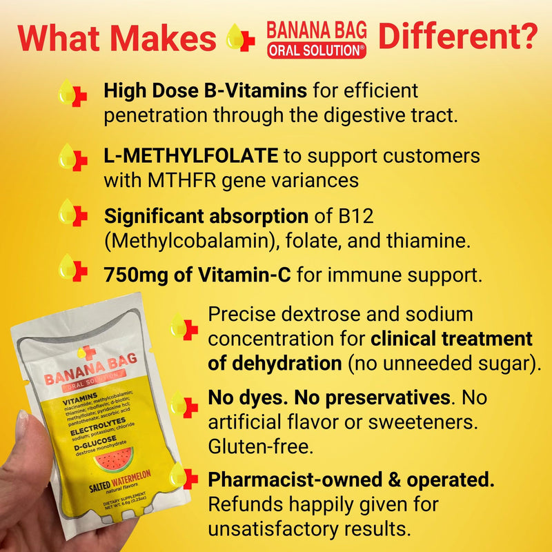 Banana Bag Electrolytes Vitamin Powder Drink Mix, Salted Watermelon 30 Pk | IV-level hydration powder packets w/ Electrolytes + Vitamin C & B-complex. Fast rehydration after exercise & alcohol recovery