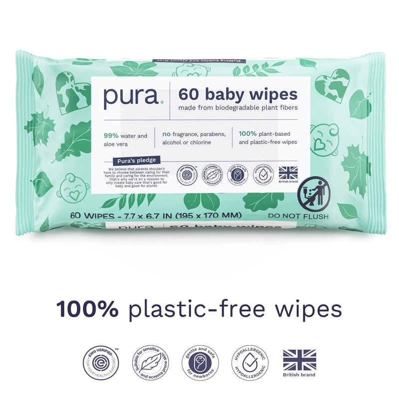 Pura Baby Wipes - 100% Plastic-Free & Plant Based Wipes, 99% Water, Suitable for Sensitive & Eczema-prone Skin, Fragrance Free & Hypoallergenic, Cruelty Free, EWG Verified, 1 Pack of 60 Wet Wipes 60 Count (Pack of 1) - BeesActive Australia