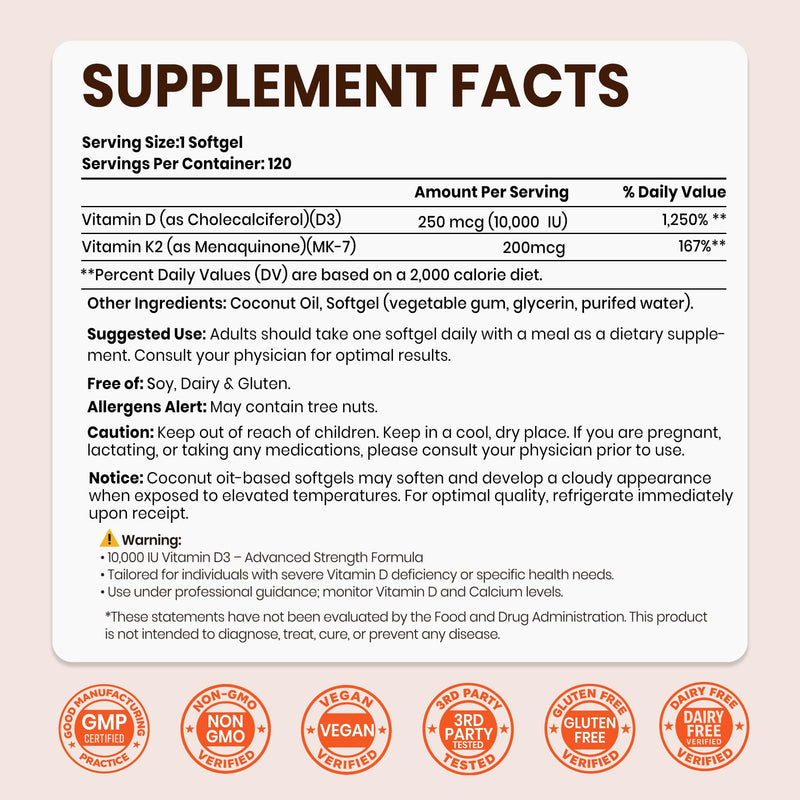 VEV Corefeel Vitamin D3 K2 10,000 IU, 200 mcg K2, 120 Coconut Oil Softgels | K2 as MK-7, 2-in-1 Vitamins D & K, Easy to Swallow