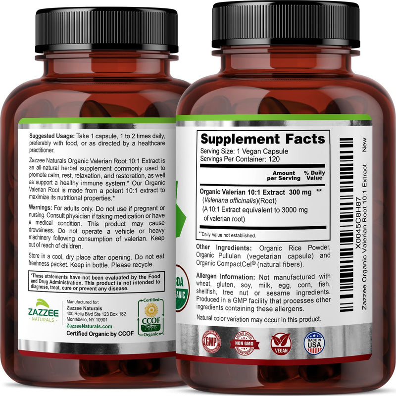 Zazzee USDA Organic Valerian Root 10:1 Extract, 3000 mg Strength, 120 Vegan Capsules, 4 Month Supply, Valeriana officinalis, 10X Potency, 100% Vegetarian, All-Natural, Non-GMO, Made in The USA - BeesActive Australia