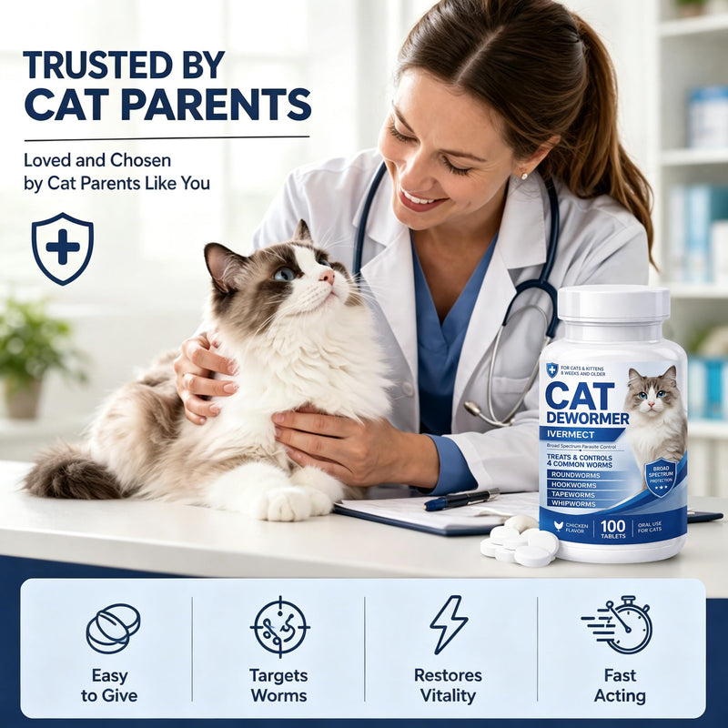 Cat Dewormer, Dewormer for Cats & Kittens, Broad Spectrum Tablets for Tapeworms, Roundworms & Hookworms, Promotes Digestive Comfort & Daily Balance, 100 Tablets