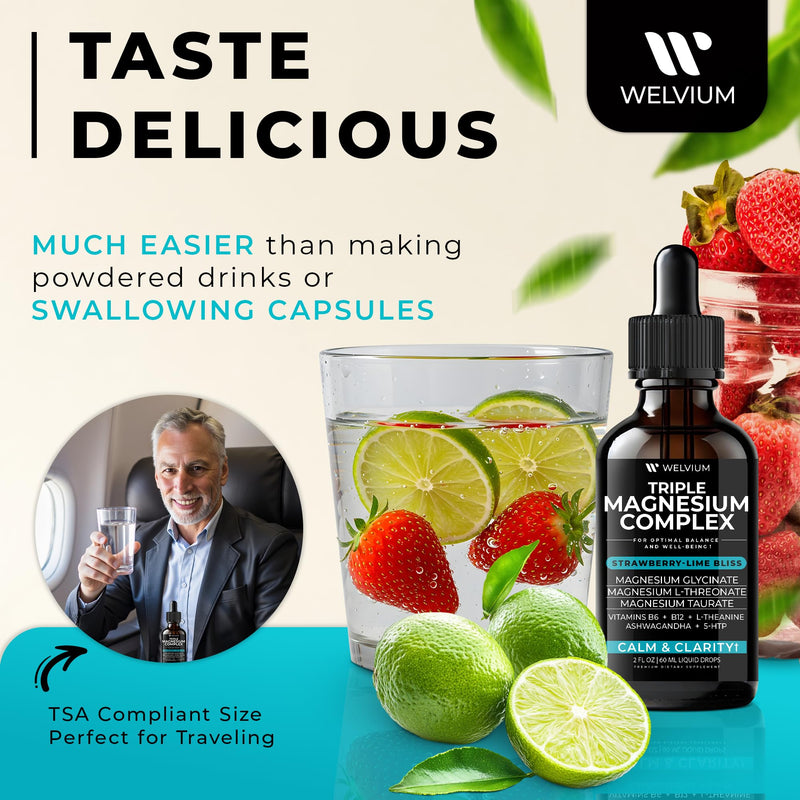 Triple Magnesium Complex Liquid Drops with Ashwagandha, L-Theanine, 5-HTP | Magnesium Glycinate Supplement, L-Threonate & Taurate, Ashwagandha, L-Theanine, 5-HTP, Vitamins B6, B12, Bromelain & Inositol