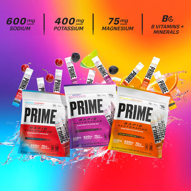 PRIME Rapid Rehydration Electrolyte Powder Sticks, Glacier Orange, Sugar Free Hydration Drink Mix with Sodium, Potassium, Magnesium & B Vitamins to Replenish Fluids, Caffeine Free, 16 Count