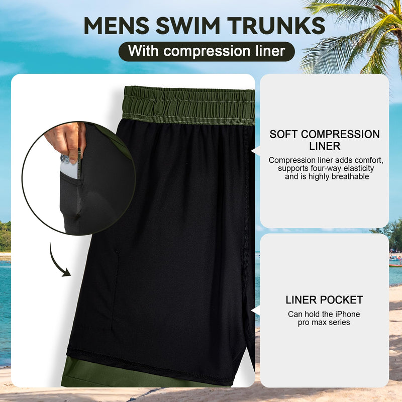 American Trends Mens Swim Trunks with Compression Liner Board Shorts for Men Quick Dry Swimsuits Bathing Suit Swimwear X-Large 9" Army Green - BeesActive Australia