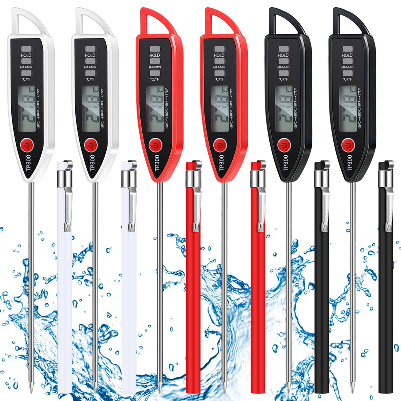 Copkim 6 Set Waterproof Food Thermometer for Water, Liquid, Candle and Cooking Digital Meat Thermometer with Long Probe Instant Read for Kitchen BBQ Grill Candy (Black,White,Red) Black, White, Red - BeesActive Australia