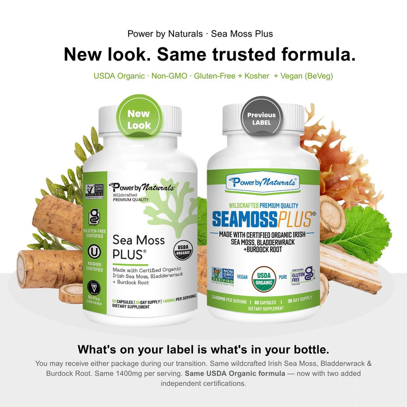 Power By Naturals Sea Moss Plus – USDA Organic Irish Sea Moss Capsules with Bladderwrack & Burdock Root – Immune Support – Vegan, Non-GMO, Gluten-Free – 120 Capsules, 2-Pack (2-Month Supply) | With Bladderwrack & Burdock Root - Immune Support - Vegan, ...