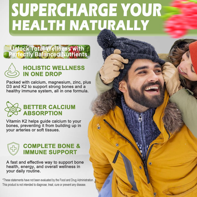 Calcium Magnesium Zinc Drops, 1200mg Calcium with Vitamin D3 K2 Magnesium for Bone,Teeth,Colon,Cardiovascular Health, High Absorption Liquid Calcium Supplement, Gluten Free,Non GMO