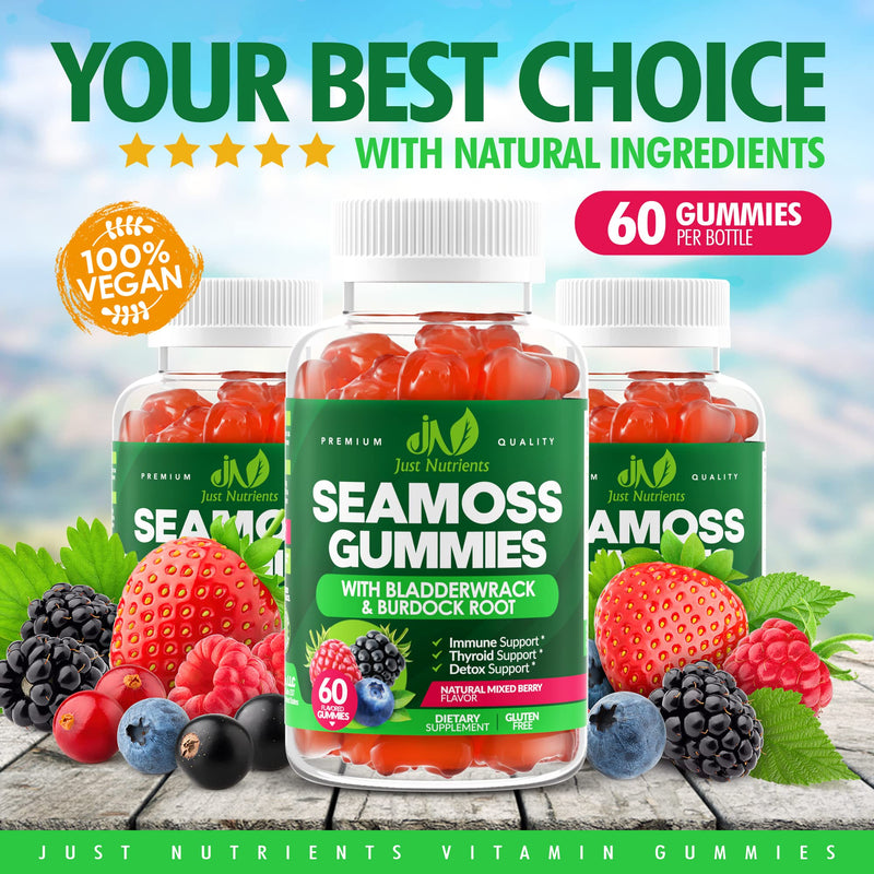 Sea Moss 3000mg Gummies with Bladderwrack and Burdock Root - Natural Irish Sea Moss for Immune, Thyroid and Detox Support - Extra Strength, Great Tasting - Gluten-Free, Vegan - 60 Gummies (Pack of 2) 60 Count (Pack of 2)