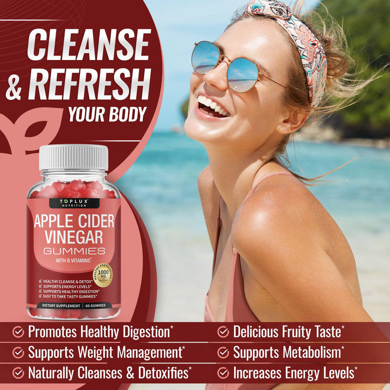 Toplux Apple Cider Vinegar Gummies - 1000mg ACV with B12, Beet Root, Pomegranate for Immune System, Detox & Cleanse, Gummy Alternative to Apple Cider Vinegar Capsules, for Men Women 2X Pack 30 Count (Pack of 2)