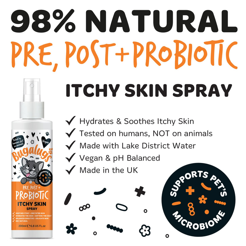 Bugalugs Probiotic Cat Spray for itchy skin. Leave in spray to condition, nourish and hydrate skin and coat. Professional cat cleaning and grooming formula