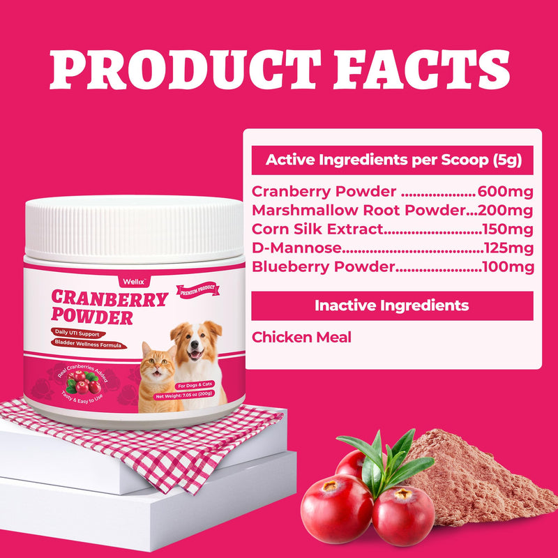 Wellix 7.05oz Cranberry Powder for Cats & Dogs - Kidney,Bladder,UTI for Cat Urinary Supplement - Rich in D-Mannose,Marshmallow Root,Blueberry,Cranberry Supplement for Dogs, Chicken Flavor