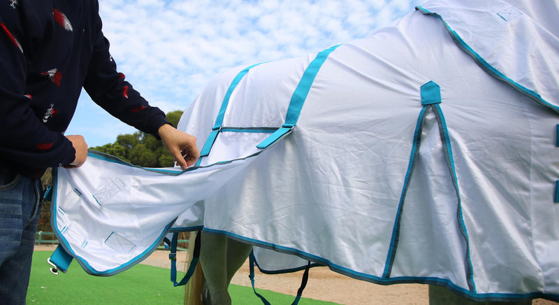 Horse Fly Sheet with Detachable Neck Cover & Belly Wrap, Adjustable Fly Sheet for Horses, Equine Airflow Mesh Summer Flysheet White 69 - BeesActive Australia