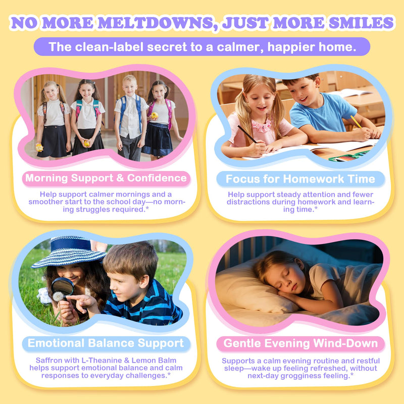 Saffron Gummies for Kids, Magnesium for Sleep Gummies, Calm Mood Gummies | with 100mg Saffron Extract, Magnesium Glycinate, Vitamin D, Omega-3, GABA, Ashwagandha, Sugar Free Vegan Chewable, 120 CT