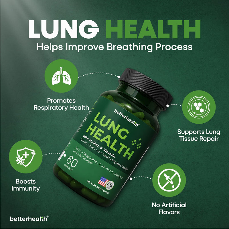 Lung Health Daily Respiratory Health Supplement with Mullein Leaf, Vitamin D, Vitamin C, Quercetin, | Allergy, Sinus, and Mucus Relief, Lung Cleanse Detox Formula (60 Capsules)