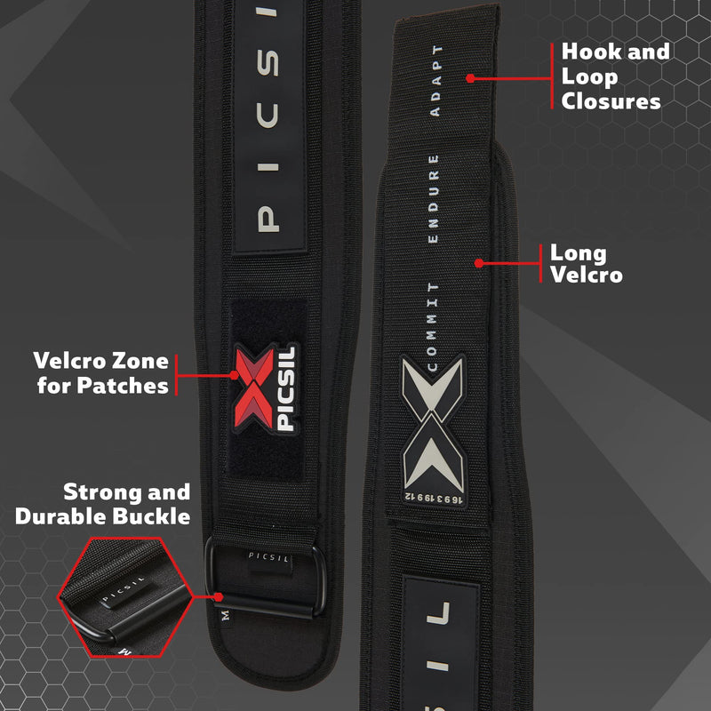 PICSIL - Weight Lifting Belt | Core & Back Support | Customizable with Patch Space | Ideal for Cross training, Squats & Barbell Exercises | Strength Belt for Women and Men | Size Small S Black