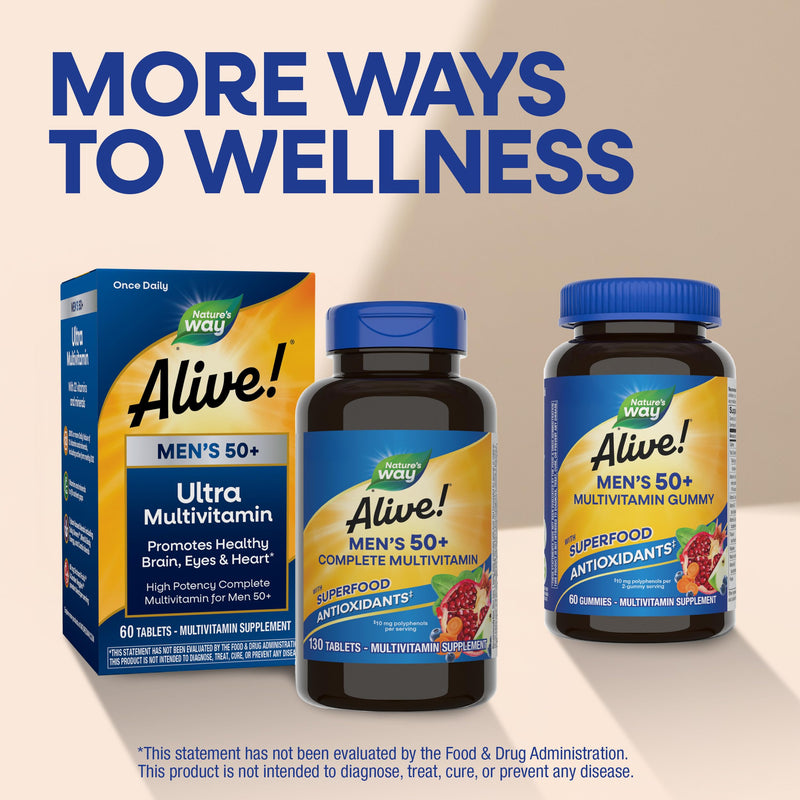 Nature's Way Alive! Men’s 50 Plus Multivitamin Complete Tablets, 130 ct | Daily Multivitamin for Men Over 50, Supports Cellular Energy Metabolism, Heart, Muscle & Eye Health*, High Potency Vitamins 130 Count (Pack of 1)