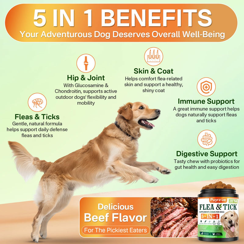 Puyrzoe 5-in-1 Dog Flea and Tick Treatment Chewable, Natural Flea and Tick Prevention for Dogs Chewable - Flea & Tick | Hip & Joint | Skin & Coat | Immunity Support | Digestive for All Breeds & Sizes