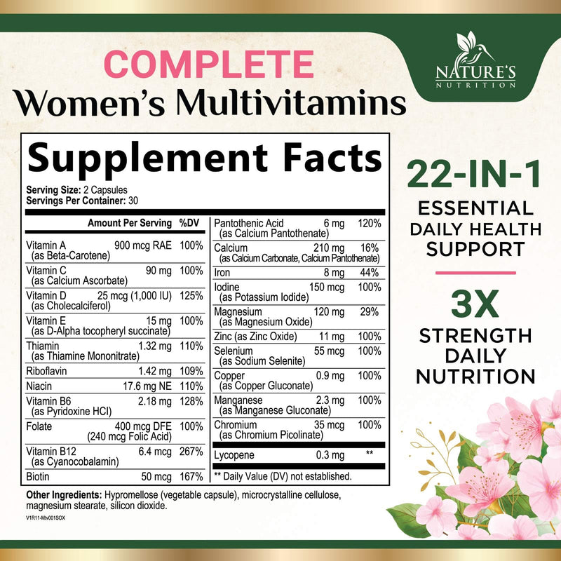 Multivitamin for Women - Complete Multi Vitamin with Vitamins A, C, D, E, B6, B12, Zinc, Calcium & Magnesium, Womens Daily Multimineral Supplement for Hair Skin and Nails Health Support - 60 Capsules 60 Count (Pack of 1)
