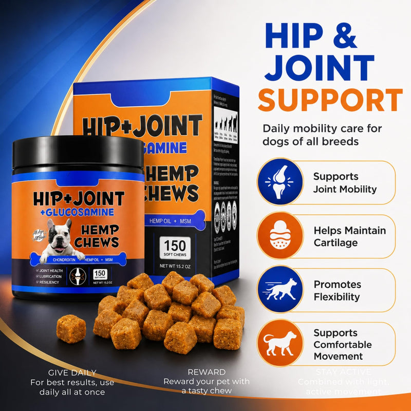 Hip & Joint Glucosamine Hemp Chews for Dogs (Duck Flavour | 150 Soft Chews) – Mobility Support Supplement with Chondroitin MSM, Joint Pain Relief & Flexibility Support