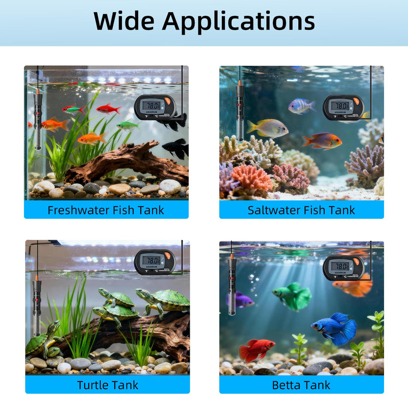 HiTauing Aquarium Heater 25W/50W/100W/200W/300W, Adjustable Knob Fish Tank Heater with Digital Thermometer, Submersible Betta/Turtle Tank Heater for Freshwater and Saltwater Tanks 50W for 5-10 gallon - BeesActive Australia
