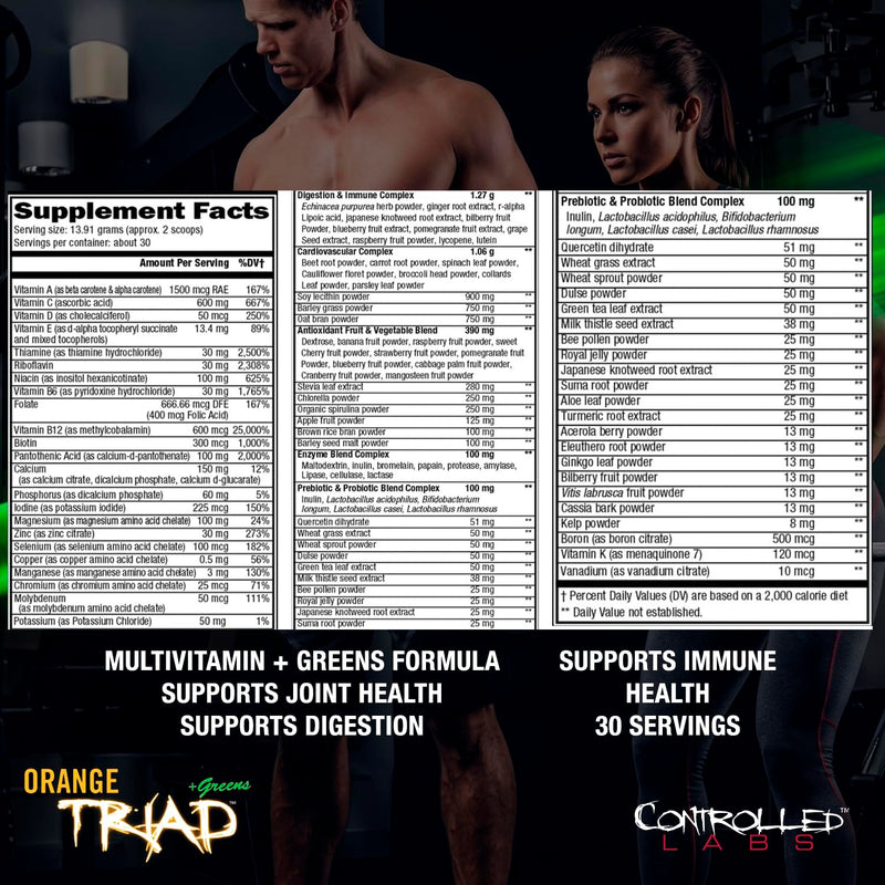 CONTROLLED LABS Orange Triad + Greens, Multivitamin & Greens Powder, 30serv | Daily Supplement, Lemon Ice Tea Flavor, Vitamin A, B6, B12, C, D, Iron Free Sport Supplement, Digestion, Immune, Joint Health