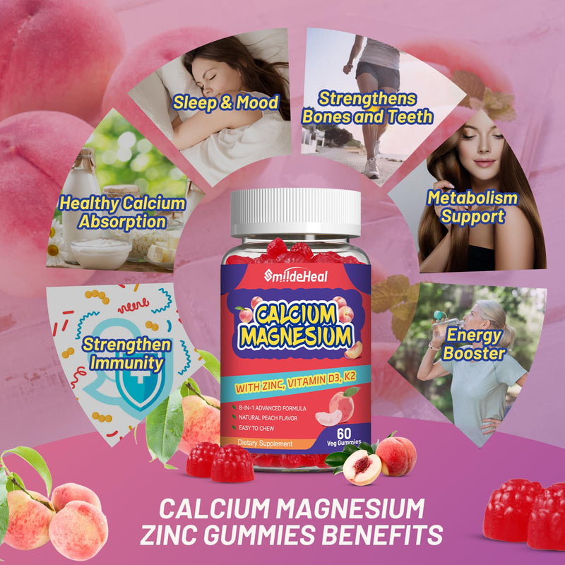 Calcium Magnesium Gummies1000MG, Calcium Magnesium Zinc Gummies with Vitamin D3 - High Absorption Complex Calcium Supplement, Vegan, 60 Counts 60 Count (Pack of 1)