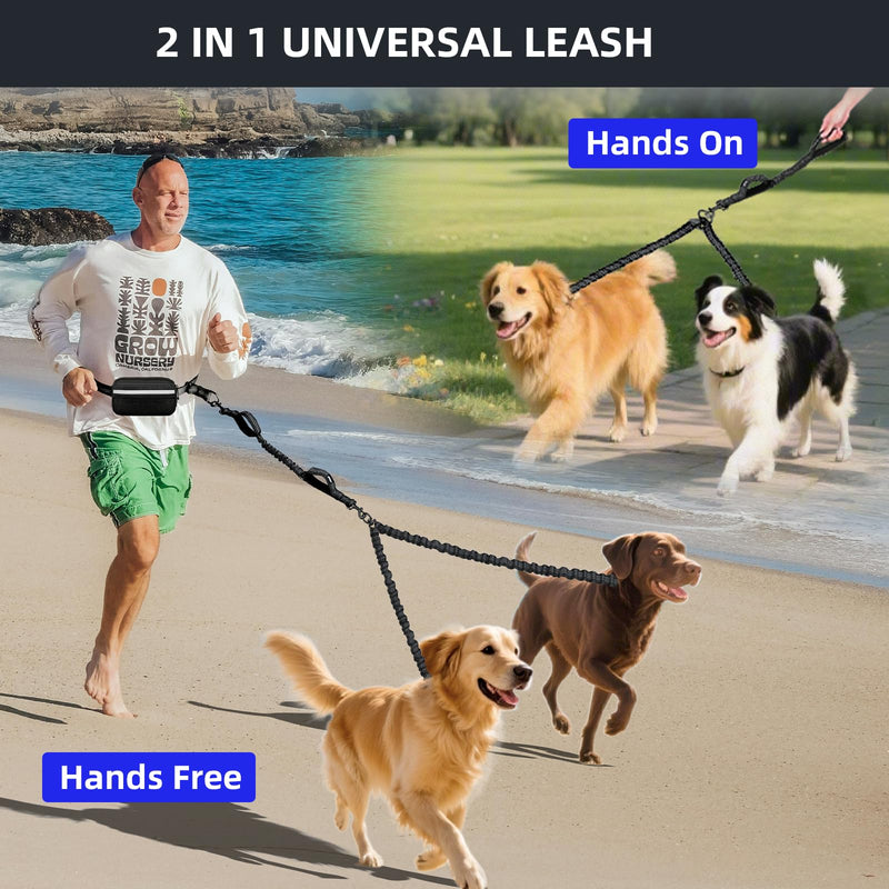 Uppetly Hands Free Double Dog Leash with Pouch, Dual Leash for 2 Dogs with Reflective Padded Handles, Durable Bungee and Lumbar Waist Belt for Walking, Jogging and Running (Medium/Large, 25-120 lbs) Black Medium/Large - BeesActive Australia