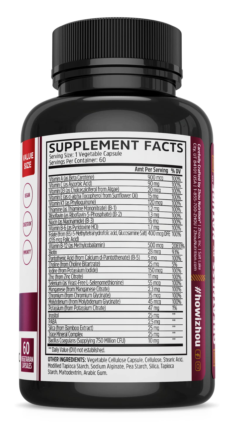 Zhou Daily Boost - Immune Support, Vitamin C - 30 Veggie Capsules | Probiotic Multivitamin for Women & Men, Antioxidant & Eye Health Supplement with Vitamin A, Biotin & Folate for Adults 60 Count (Pack of 1)