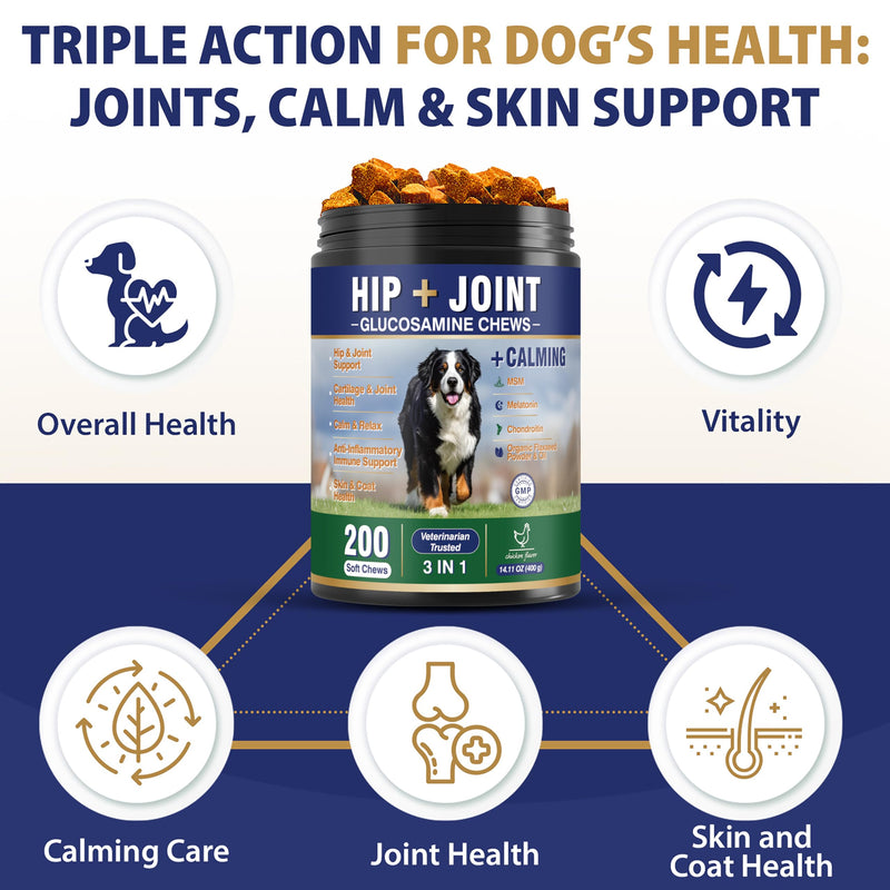 Hip and Joint Supplement for Dogs 200 Dog Calming Chews with Glucosamine, Chondroitin, Msm, Omega3, Melatonin for Senior Dogs Anxiety Pain Relief Anti Inflammatory Small/Medium/Large Dog -Chicken