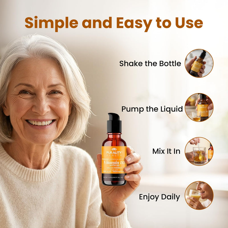 Purality Health Liposomal Vitamin D3, K2 Drops for Bone Strength - 2 Fl oz | Micelle Enhanced Absorption Liquid Technology | Immune & Heart Support | Vegan, Non-GMO, Gluten Free | 30 Days Supply