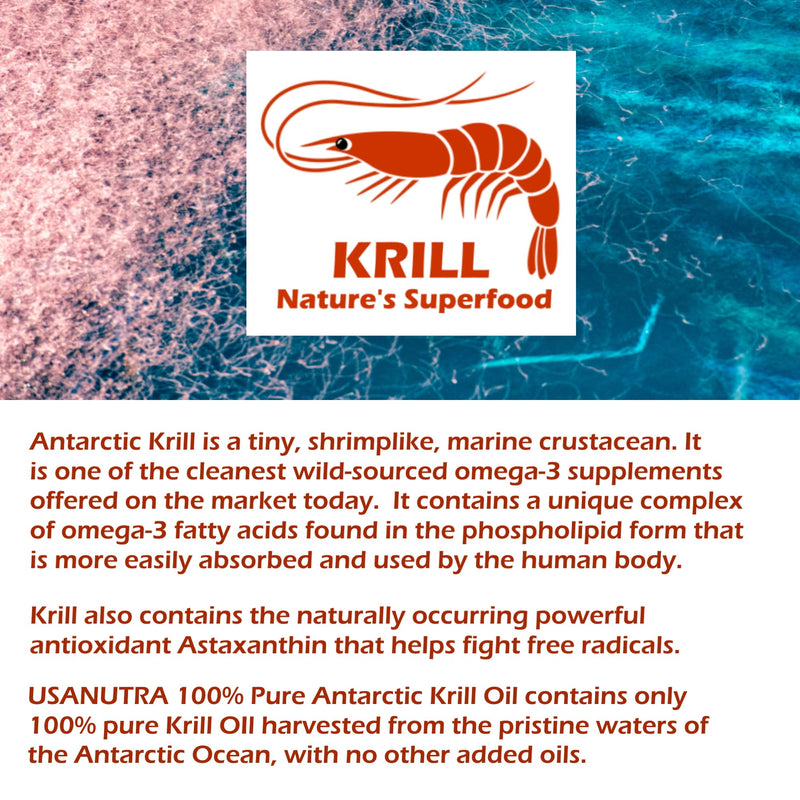 Antarctic Krill Oil Softgels 100% Pure with Omega-3 EPA DHA Astaxanthin 1000mg per Day (2 Softgels). Made in The USA