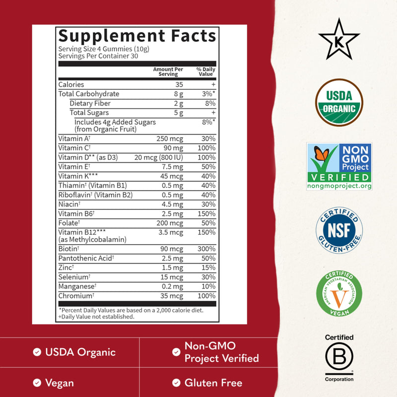 Garden of Life Organics Kids Gummy Vitamins - Fruit - Certified Organic, Non-GMO & Vegan Complete Children's Multi - B12, C & D3 - Gluten, Soy & Dairy Free, 120 Real Fruit Chew Gummies 120 Count (Pack of 1)