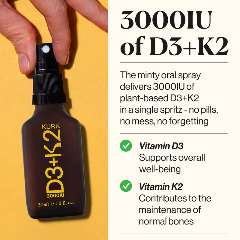 Kurk Vegan Vitamin D3 K2 Spray for Everyday Wellness (1 Fl Oz) | Delivers K2 MK-7 Vitamin Supplement and 3000IU D3 for Adults, Plant Based with Natural Ingredients, Refreshing Mint Taste
