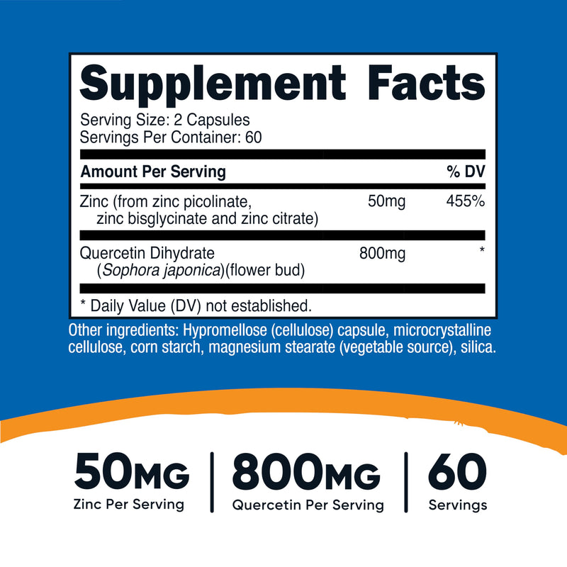 Nutricost Zinc + Quercetin (50mg Zinc, 800mg Quercetin) 120 Capsules | Vegan, GMO-Free, Gluten-Free, 60 Servings