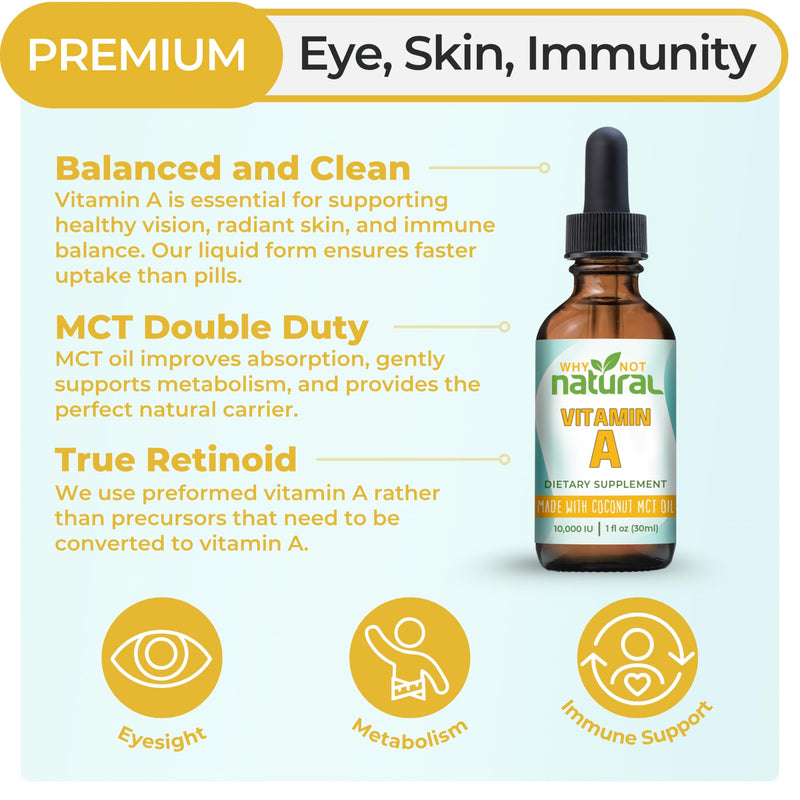 Why Not Natural Vitamin A Drops 10000 IU - Liquid retinyl Palmitate with Coconut MCT Oil, Vegan VIT A Supplement for Skin - 1 oz sublingual Tincture - BeesActive Australia