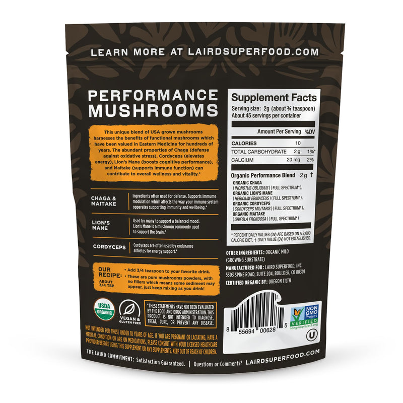Laird Superfood Organic Performance Mushroom Blend with Chaga, Cordyceps, Lion's Mane and Maitake for Energy and Cognition, 3.17 oz. Bag, Pack of 1 Performance Mushrooms - BeesActive Australia