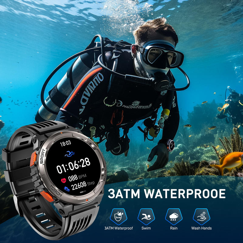 Military Smart Watches for Men with LED Flashlight, Tactical Rugged Smart Watch with 1.45" HD, 3ATM Waterproof & Compass, Sports Fitness Tracker with Heart rate/SPO2/Sleep Monitor KE5-Grey Button