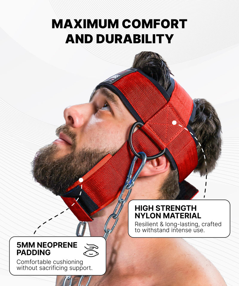 DMoose Fitness Neck Harness for Weight Lifting - Soft Padded Head & Chin Strap with 30" Heavy Duty Steel Chain - Neck Exerciser, Trainer & Strengthener to Support Injury Recovery and Intense Workouts With Support Strap Red