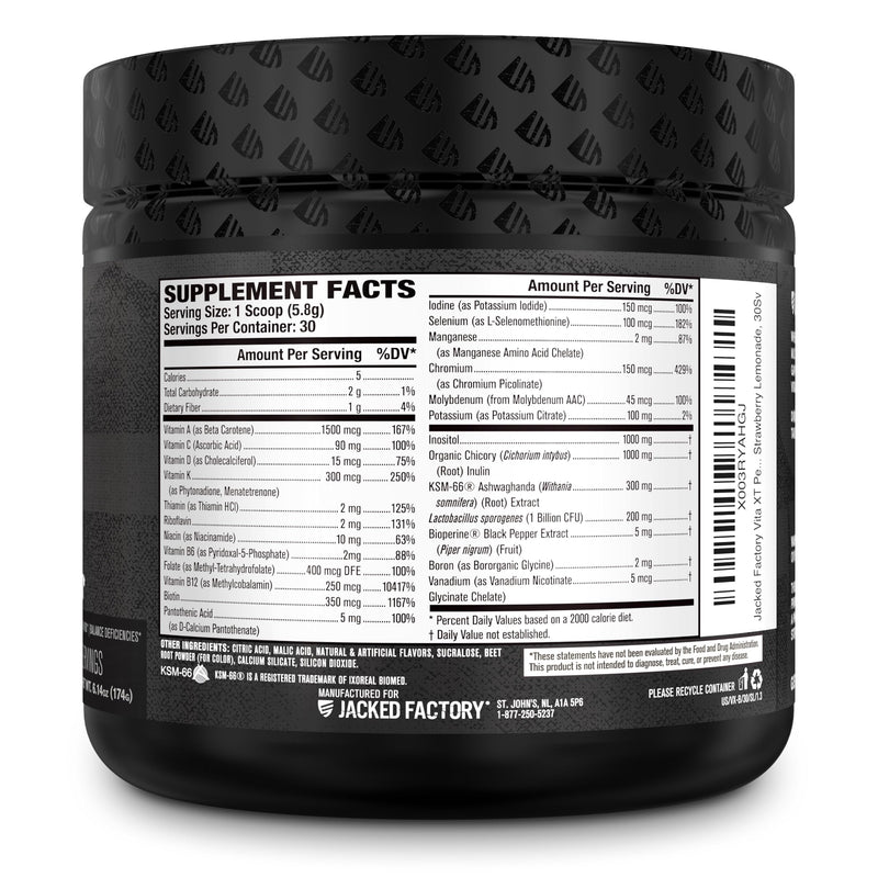 Jacked Factory Vita XT Performance Vitamin Powder - Daily Multivitamin Powder for Men with KSM-66 Ashwagandha, Prebiotic Fiber, Vitamin A, C, D, K, B6, B12, & More - Strawberry Lemonade, 30Sv