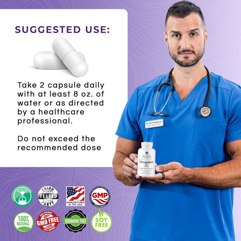 Dr. Emil 500mg Resveratrol, 100mg Quercetin, Healthy Aging, 60 Capsules | Healthy Aging Formula with 500mg Resveratrol and 100mg Quercetin to Support Normal Cellular and Cognitive Health