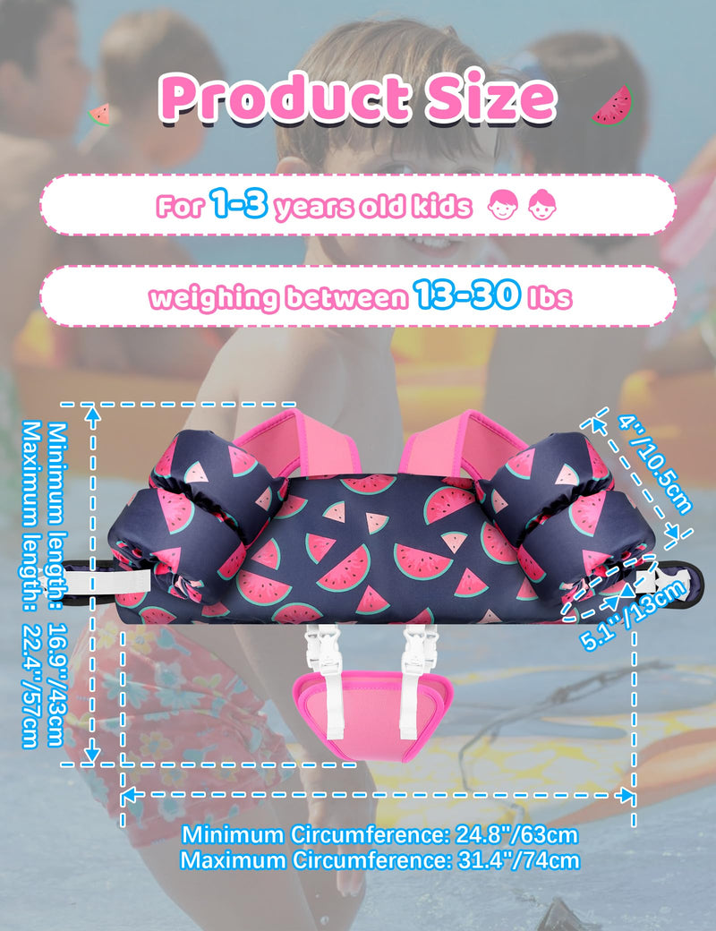Vvinca Toddler Swim Vest for Kids 13-30lbs/ 30-66lbs Boys Girls Puddle Kid Jumper Toddlers Pool Floaties Jacket with Adjustable Crotch Strap Sleeves Shoulder for 1-3-10 Yrs Baby Infant Learn to Swim 01-Watermelon S（13-30lbs）