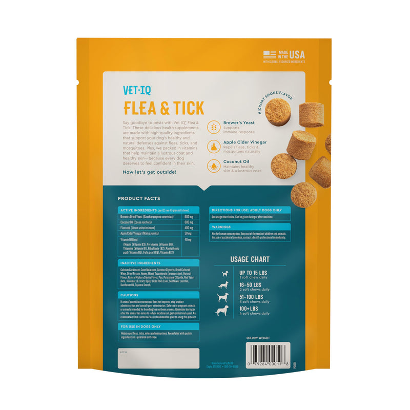 VetIQ Flea & Tick Support for Dogs, Flea and Tick Chewable, Supports Dog's Natural Flea Defenses, Free of Added Chemicals and Garlic, Hickory Smoke Flavor, 90 Count
