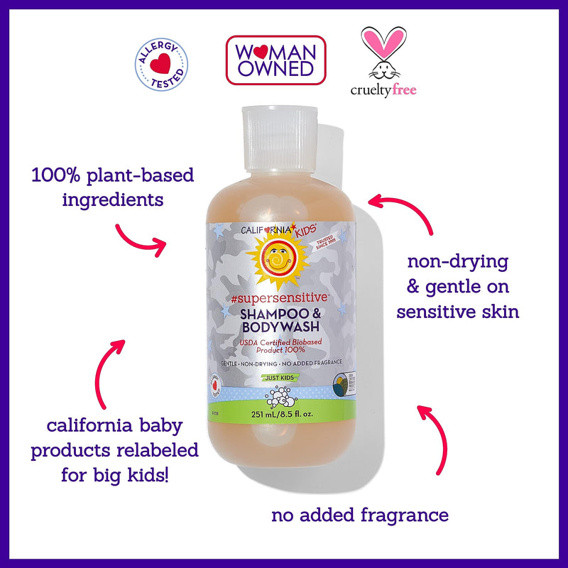 California Kids Super Sensitive Unscented Shampoo and Bodywash | 100% Plant-Based | Gentle Skincare for Kids | Fragrance Free Shampoo for Kids | Hypoallergenic Bodywash | 251 mL / 8.5 fl. oz. 8.5 Fl Oz (Pack of 1) - BeesActive Australia