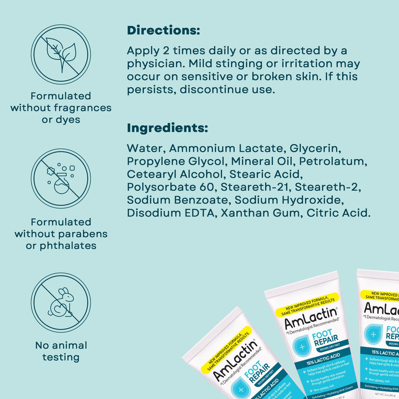AmLactin Foot Repair Cream - Therapeutic Foot Cream for Dry Cracked Heels and Feet - Callus Softener - No-Scrub Exfoliator and Moisturizer with 15% Lactic Acid AHA - 3 oz (Packaging May Vary) - BeesActive Australia