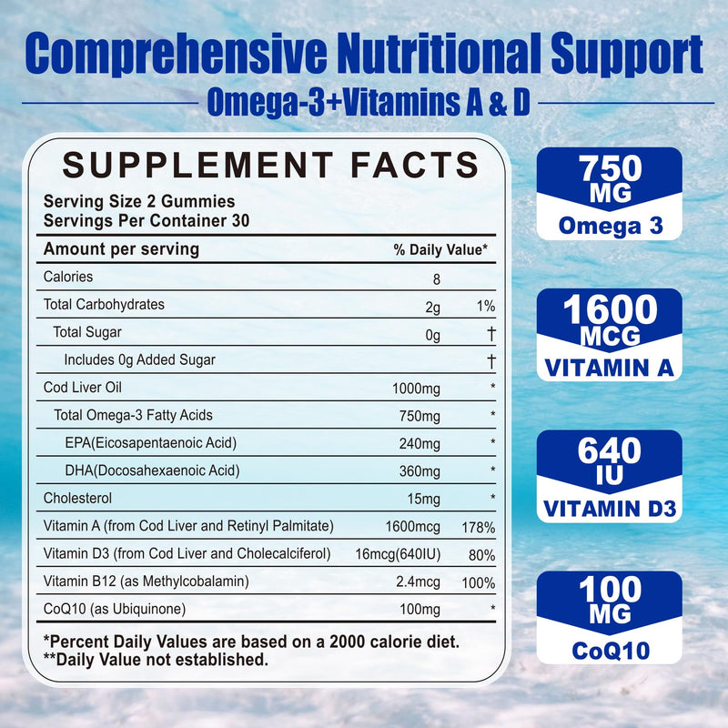 Cod Liver Oil 1000mg Gummies, w/Vitamin A & D3 Omega 3 Fish Oil Supplement | Brain, Bone, Eye & Immune Health - DHA 360mg & EPA 240mg for Adults & Kids, Sugar Free, 120 Count