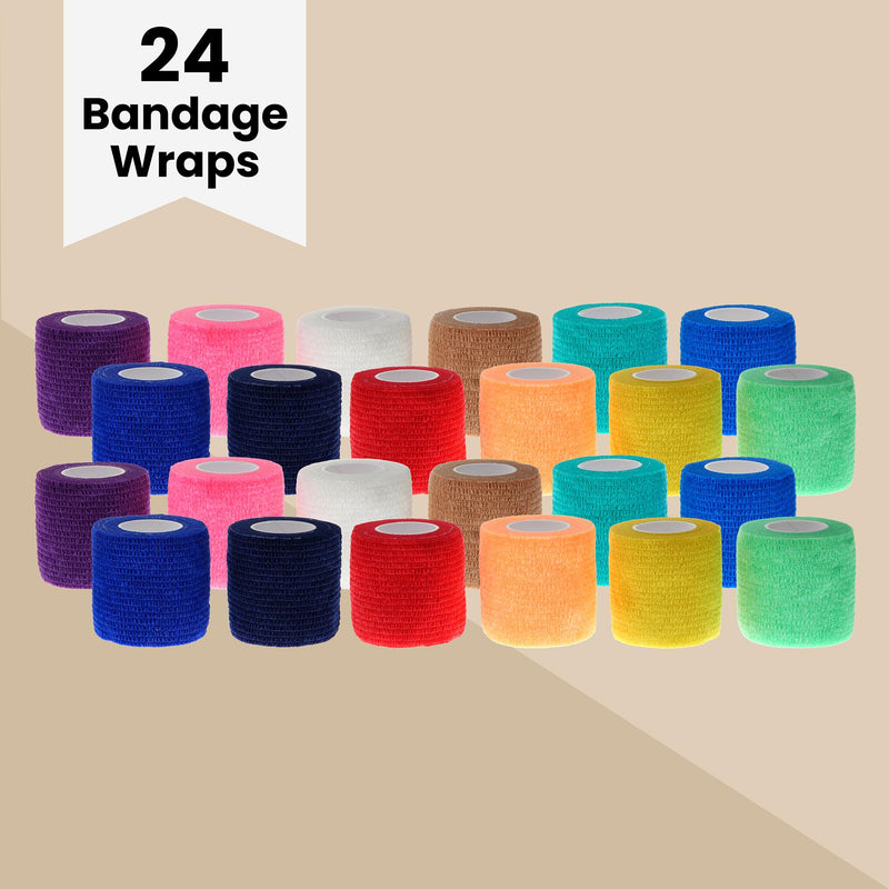 Juvale Vet Wrap Cohesive Bandage Tape - Self-Adherent Support & Bandage Wrap - Sport Stabilization & Athletic Tape - All-Purpose First Aid Medical Supply - 2 in x 5 yd, Pack of 24, 12 Colors Multi-coloured - BeesActive Australia